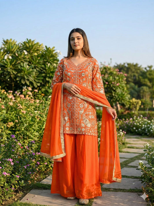 FAUX GEORGETTE PLAZZO KURTA SET WITH DUPATTA