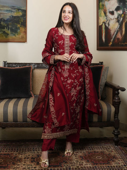 MAROON EMBROIDERED SILK BLEND STRAIGHT SUIT WITH DUPATTA