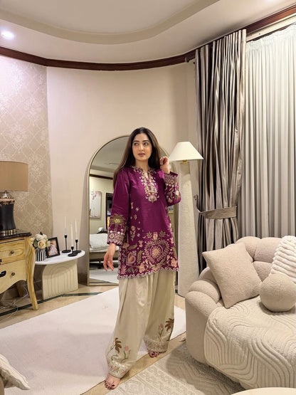 PURPLE FRENCH CRAPE EMBROIDERY WORK CO-ORD SET