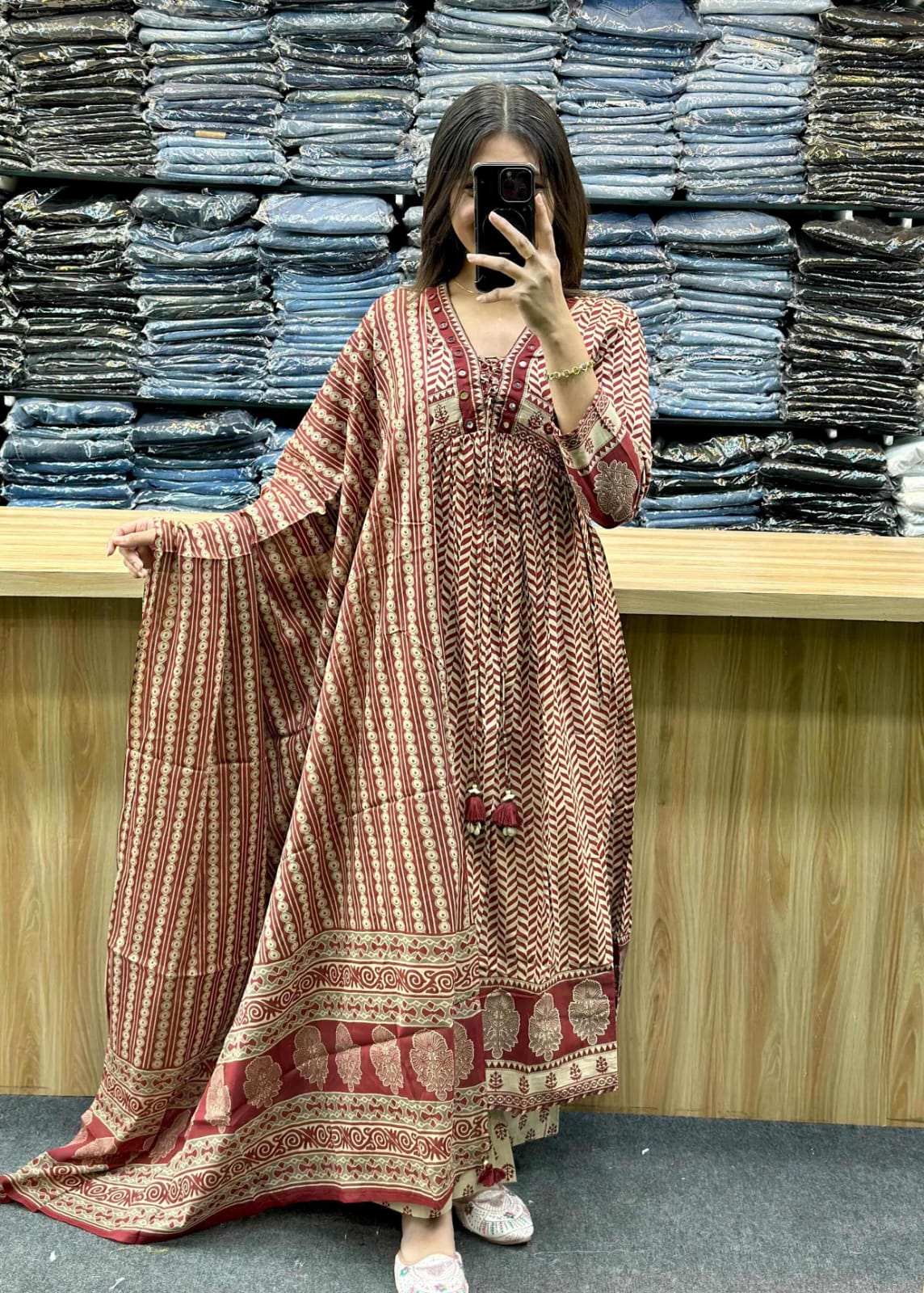 MAROON AJRAKH PRINT COTTON ANARKALI SUIT SET