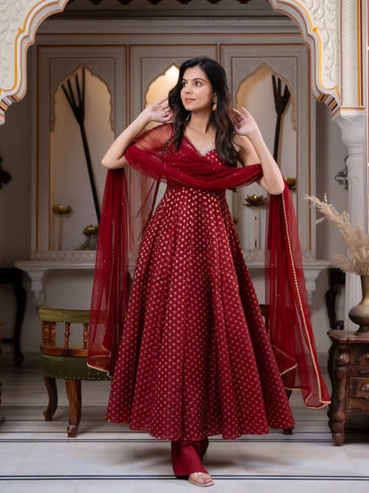 MAROON - ANARKALI SUIT SET WITH PEARL EMBELLISHED NET DUPATTA