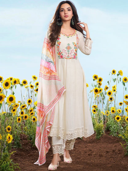 WHITE WOMEN FLORAL EMBROIDERED REGULAR THREAD WORK KURTA SET