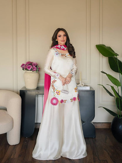 WHITE SILK MULTI EMBROIDERY SHARARA SUIT