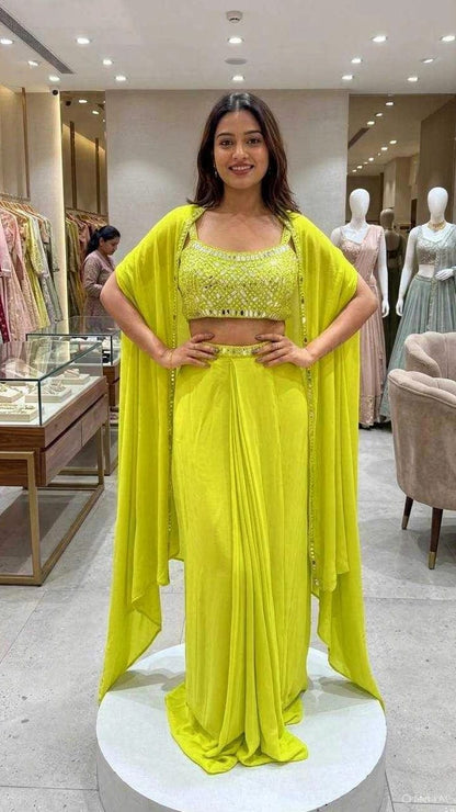 LIME GREEN MIRROR WORK FRENCH CREPE INDO WESTERN SKIRT SET WITH SHRUG