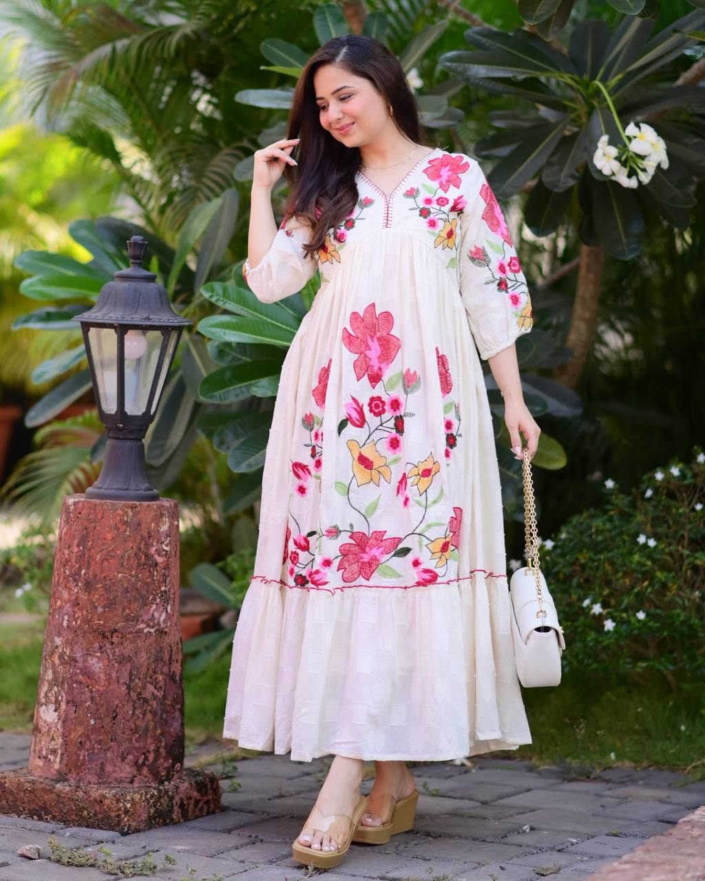 IVORY RED FLORAL THREADWORK COTTON A LINE DRESS