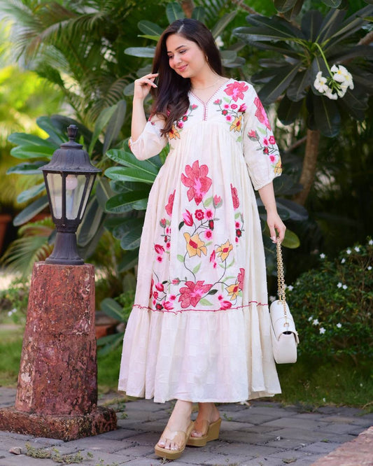 IVORY RED FLORAL THREADWORK COTTON A LINE DRESS