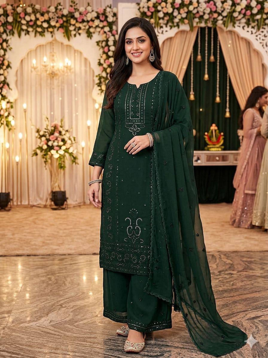 DARK GREEN EMBROIDERED GEORGETTE SALWAR SUIT SET
