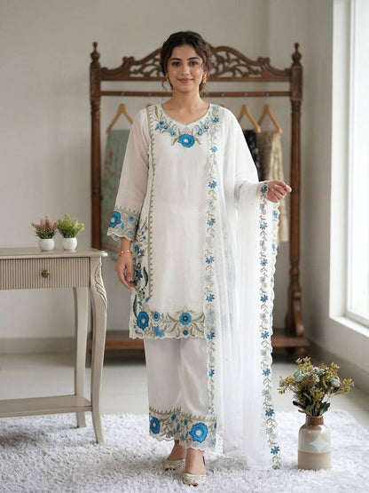 WHITE SUIT SET WITH BLUE & PINK FLORAL EMBROIDERY WORK