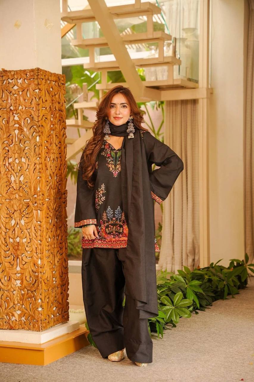 BLACK HEAVY RAYON FARSHI PLAZZO SUIT SET