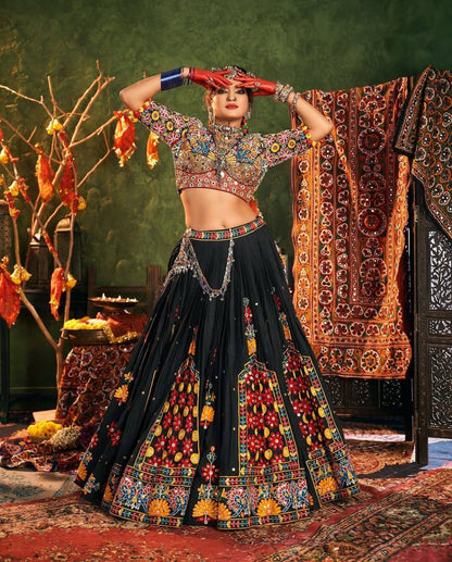 BLACK CHANIYA CHOLI WITH DIGITAL PRINT & MIRROR WORK