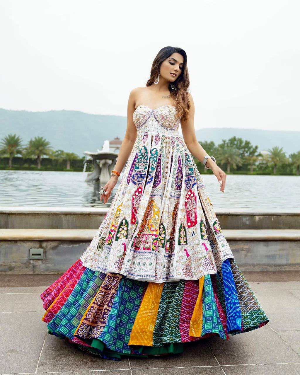 WHITE STRAPLESS LEHENGA CHOLI FOR NAVRATRI WITH EMBROIDERED & MIRROR WORK