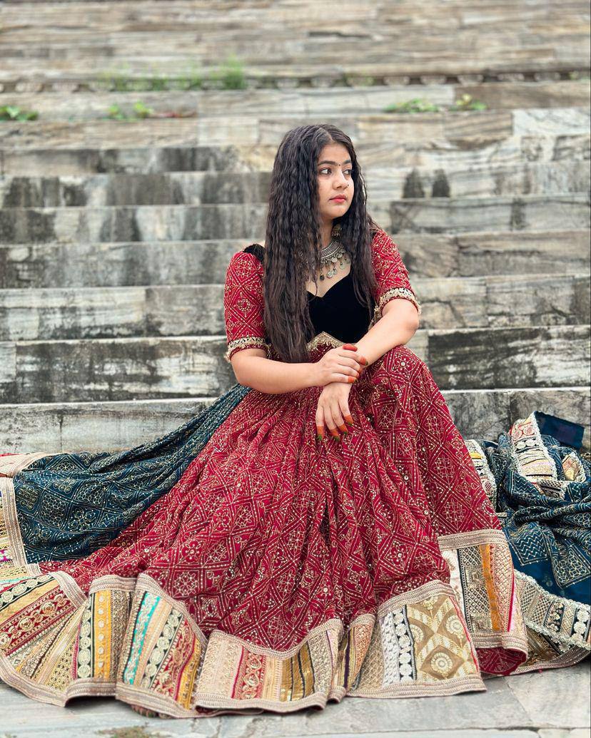 MAROON & BLUE CHANIYA CHOLI WITH MIRROR WORK DUPATTA FOR NAVRATRI