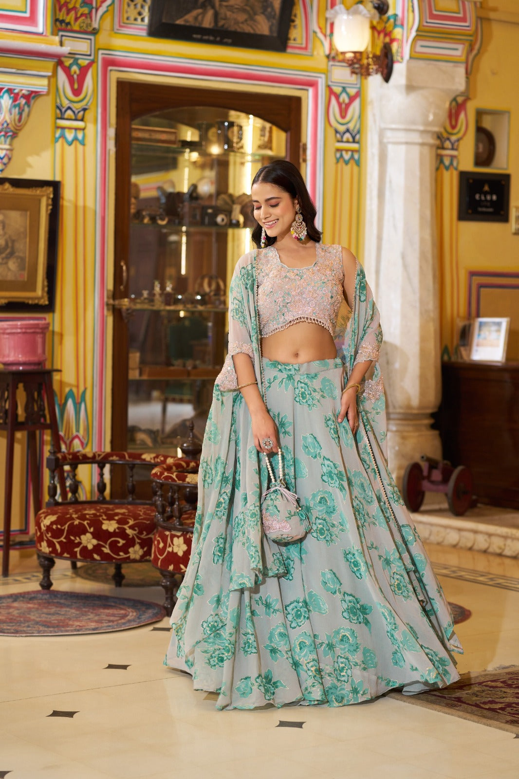 DESIGNER EMBROIDERED GEORGETTE FLORAL PRINT LEHENGA