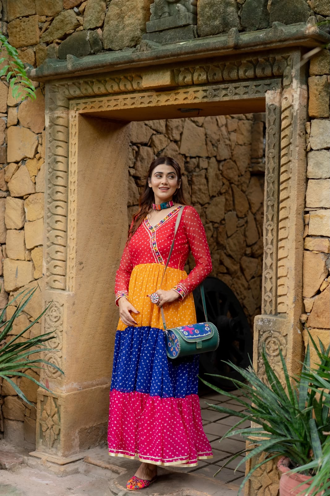 MULTI COLOUR PREMIUM GEORGETTE 3-LAYER RUFFLE ANARKALI GOWN WITH MIRROR WORK