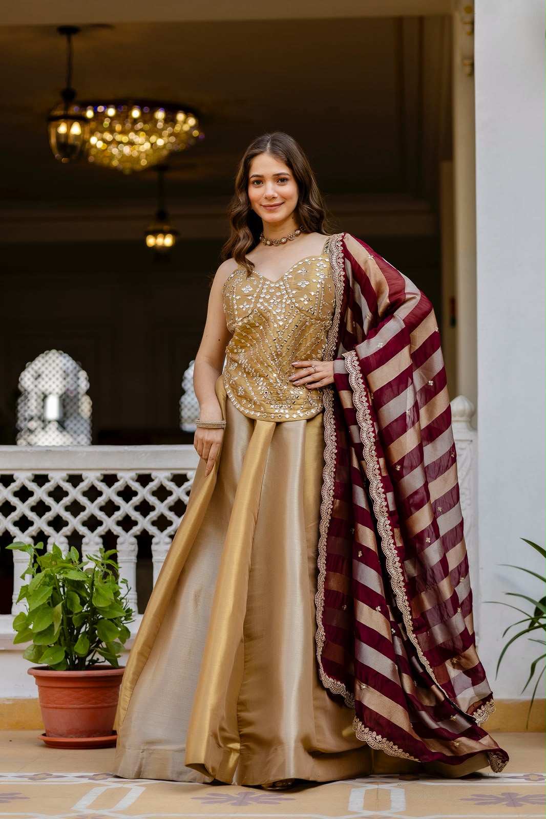 DESIGNER GOLDEN REAL MIRROR WORK CO-ORD SET LEHENGA