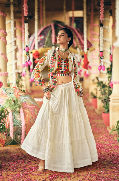 OFF-WHITE NAVRATRI STYLE LEHENGA CHOLI IN PURE COTTON