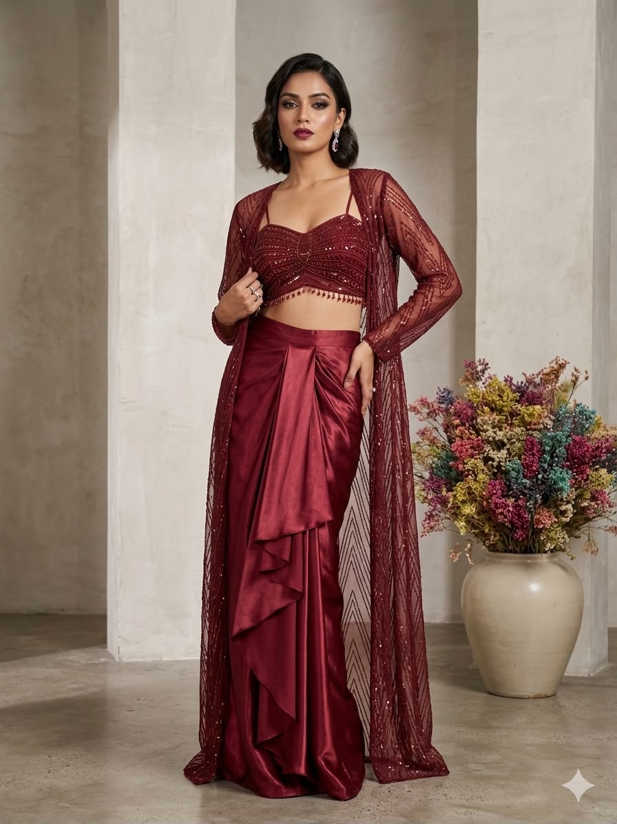 MAROON BUTTERFLY NET CROP TOP AND DRAPED SKIRT SET