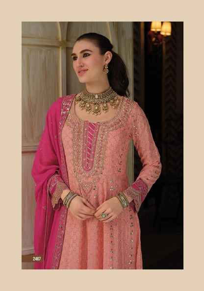 INDO ERA PEACH EMBROIDERED ANARKALI KURTA TROUSERS WITH DUPATTA SET