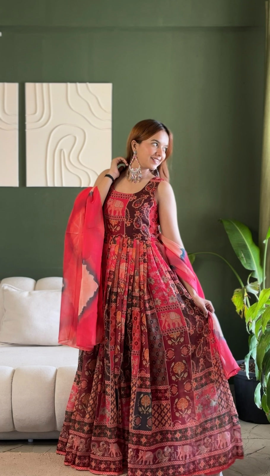 RED ORGANZA PATOLA MOTIF PRINTED ANARKALI GOWN
