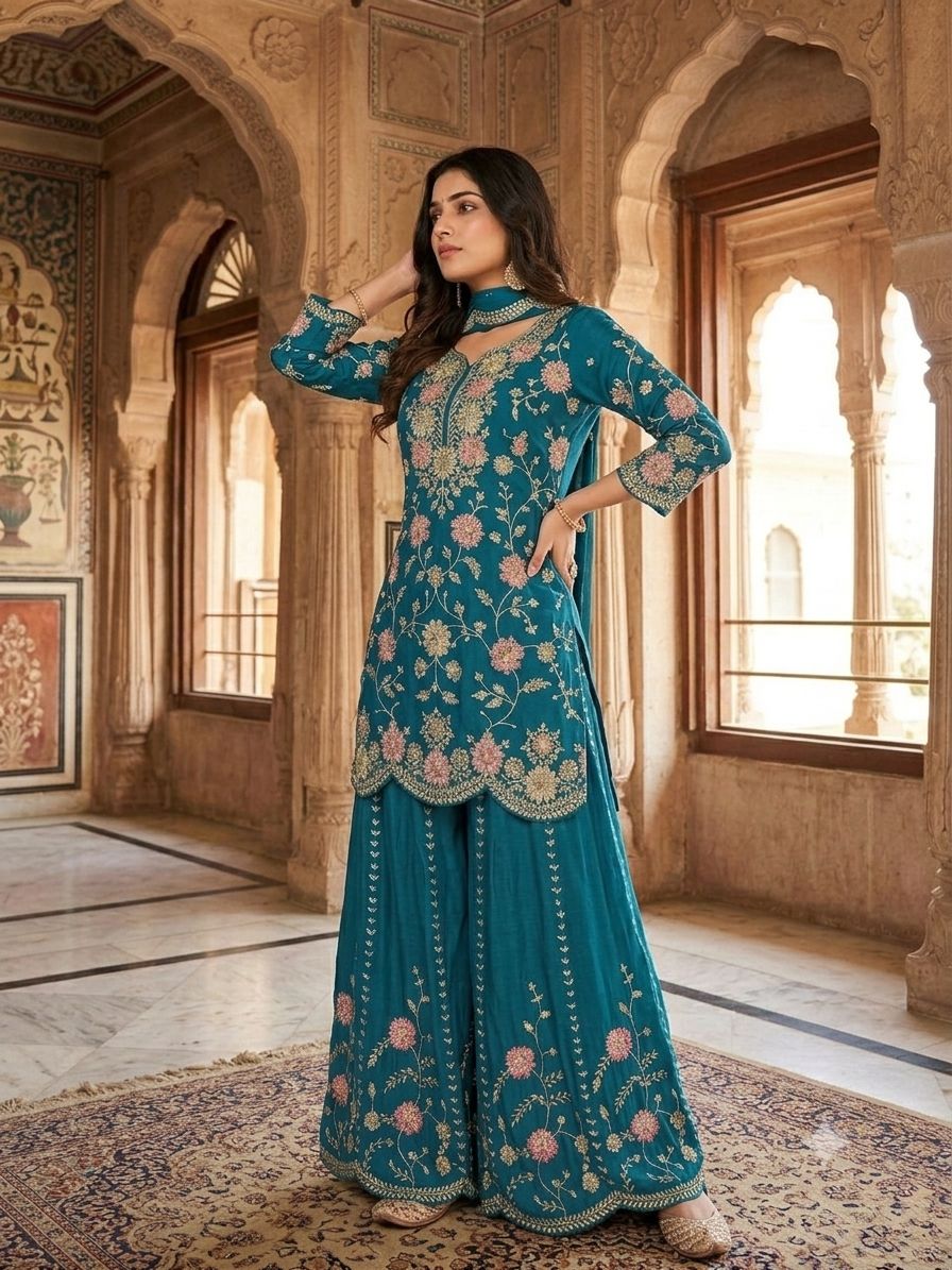 TEAL BLUE SHARARA KURTA SET