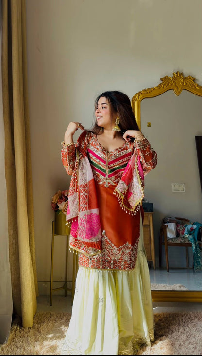 ORANGE AND CREAM SILK  STRAIGHT-CUT KURTA PLAZZO SET WITH DUPATTA