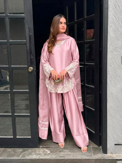 STYLISH  EMBROIDERED KURTA , FARSHI PANT & DUPATTA SET