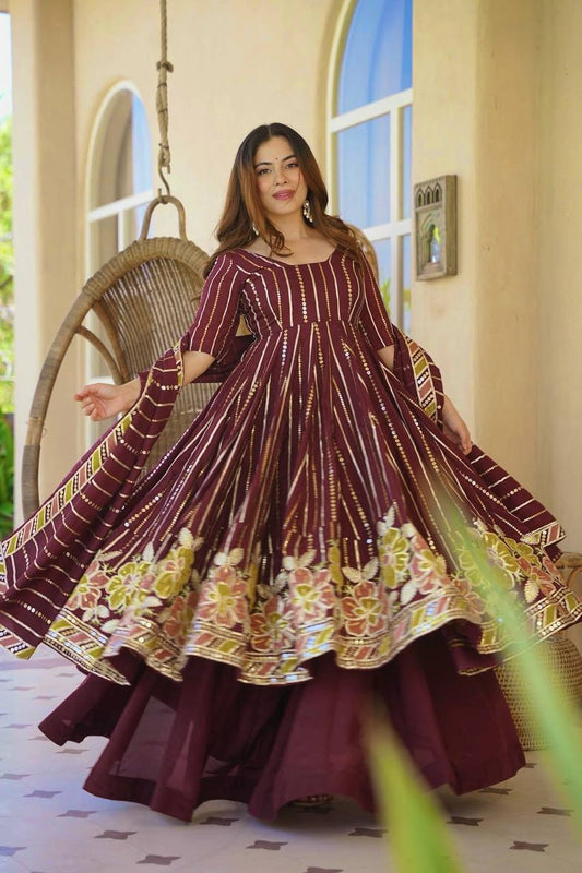 WINE FLORAL EMBROIDERED ANARKALI SUIT SET WITH DUPATTA