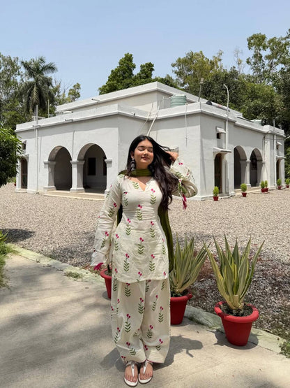 OFF - WHITE FLORAL CAMERIC COTTON FARSHI SALWAR SUIT SET