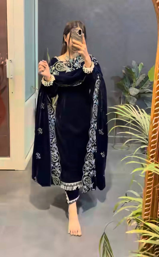 NAVY BLUE VISCOSE VELVET DESIGNER TOP–DUPATTA SET