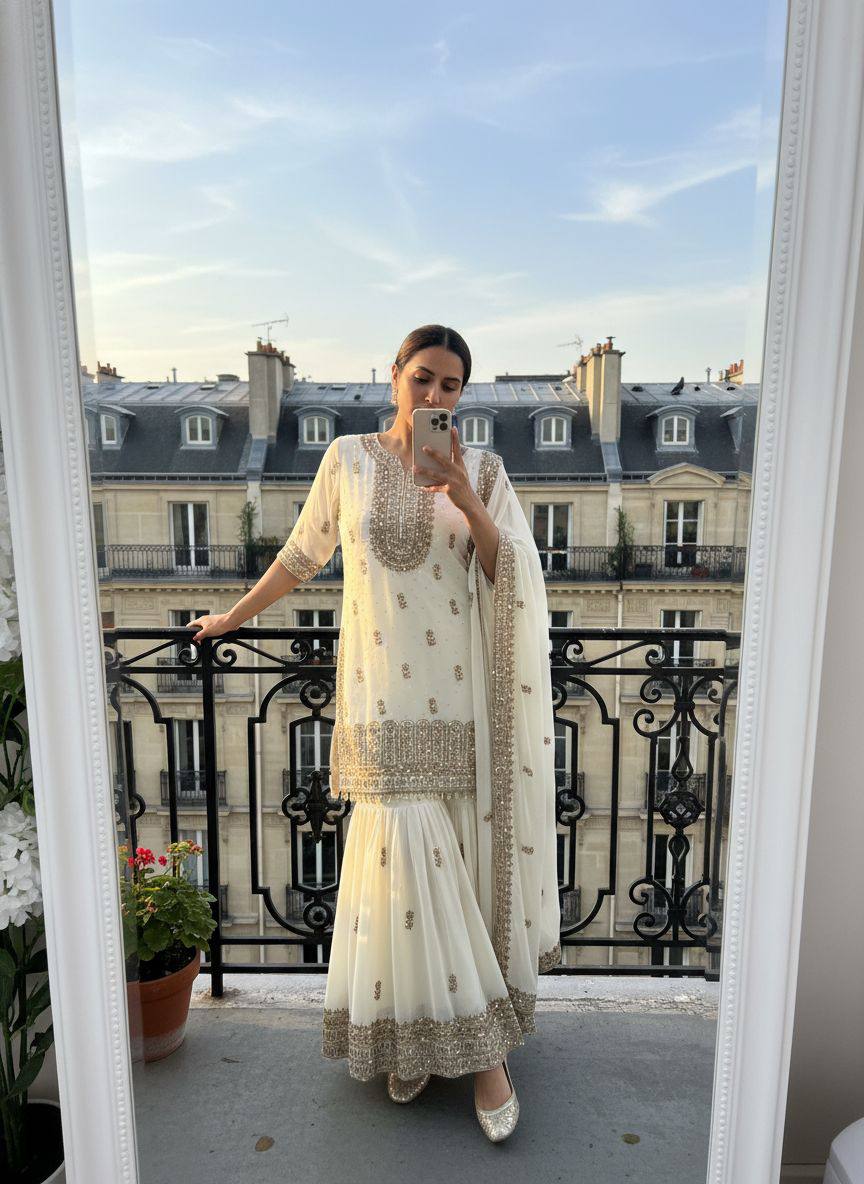 OFF - WHITE SHARARA KURTA SET