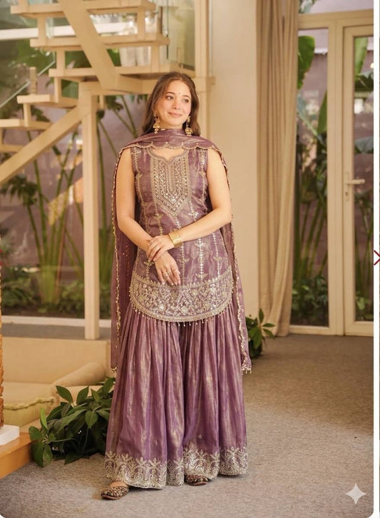 DESIGNER FENDY SILK EMBROIDERED TOP SHARARA & DUPATTA SET
