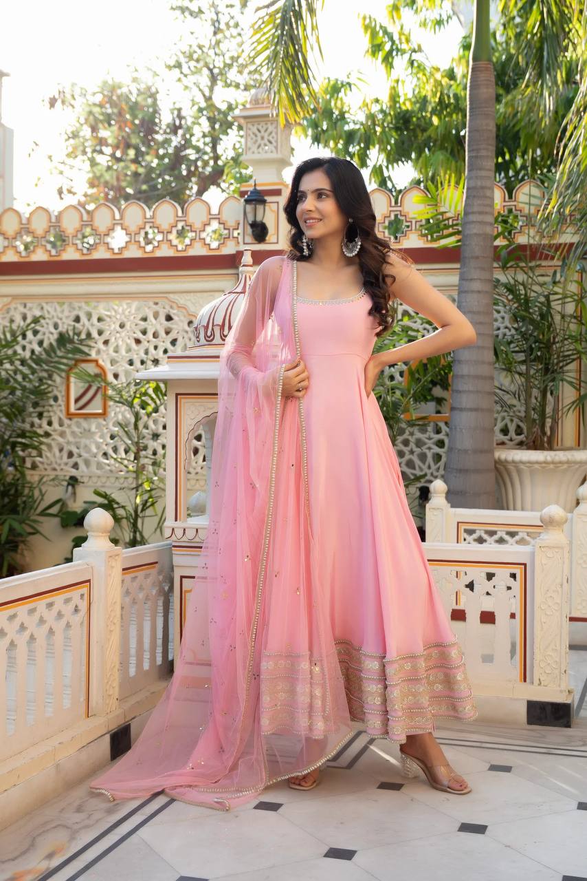 BABY PINK ANARKALI GOWN SUIT SET WITH MIRROR EMBROIDERY & NET DUPATTA
