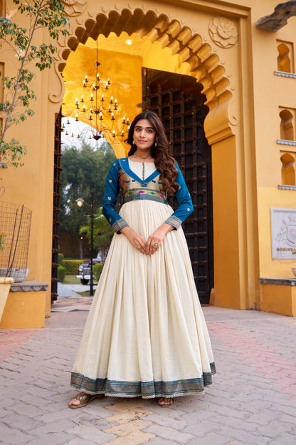 DESIGNER GOWN IN VICHITRA SILK WITH ZARI WEAVING WORK