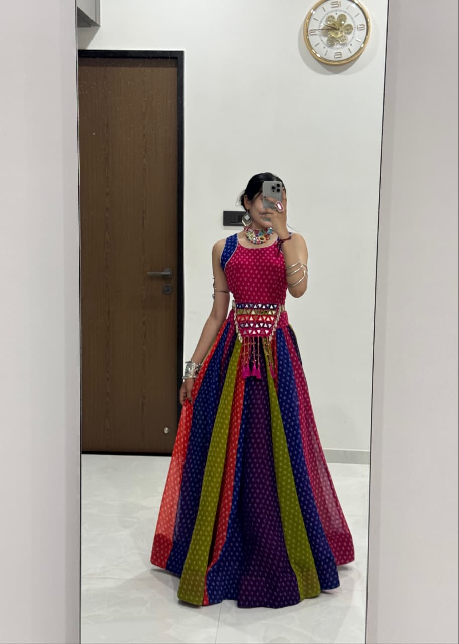 MULTICOLOUR RAINBOW BANDHANI GEORGETTE COTTON NAVRATRI CHANIYA CHOLI WITH MIRROR KANDORA BELT