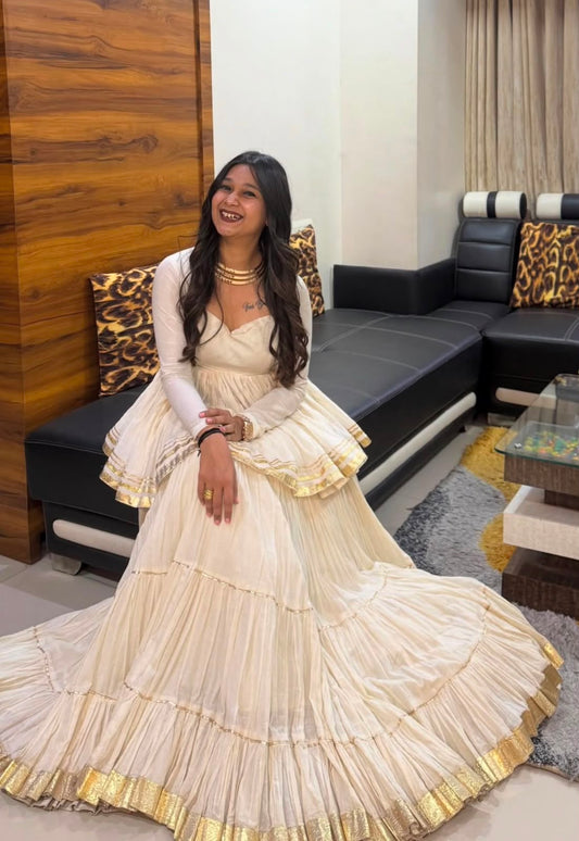 OFF - WHITE PURE COTTON LACE WORK LEHENGA SET
