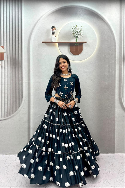 STYLISH BLACK PURE COTTON COWRIE WORK LEHENGA CHOLI SET