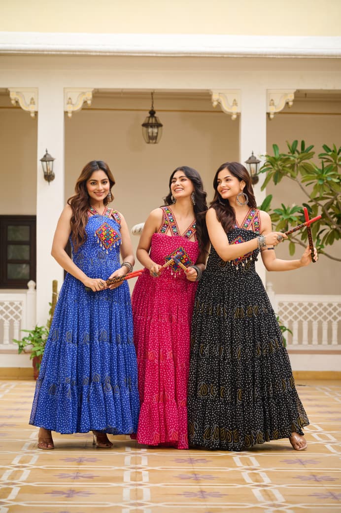 NAVRATRI BANDHANI GEORGETTE GOWN FOR WOMEN WITH GAMATHI WORK