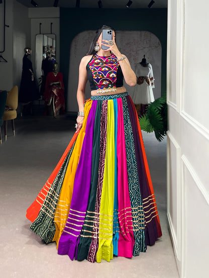 RAINBOW RASIYA NAVRATRI LEHENGA CHOLI WITH BLACK HALTER NECK BLOUSE