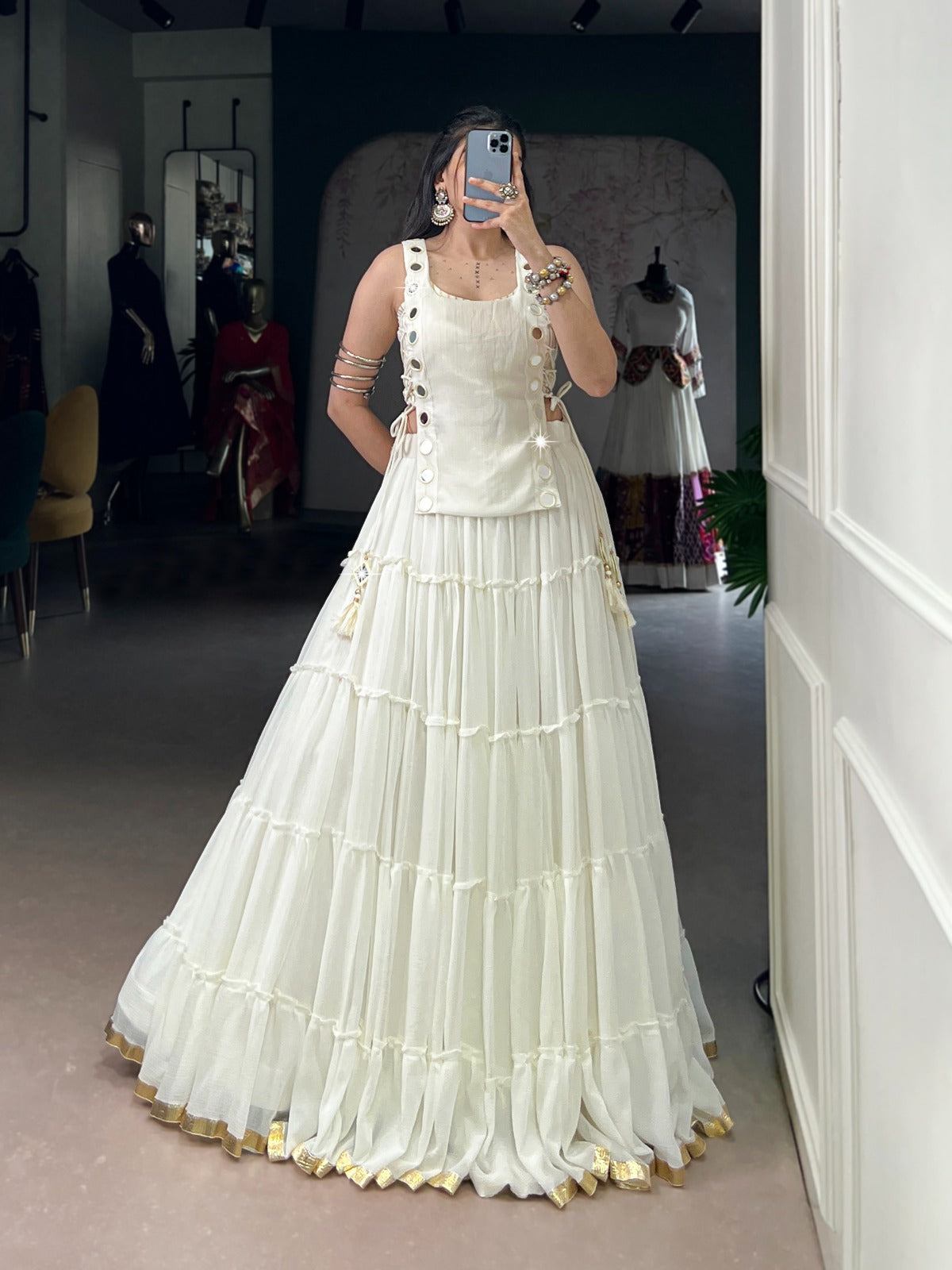 DESIGNER NAVRATRI LEHENGA CHOLI WITH MIRROR WORK & GOLD LACE