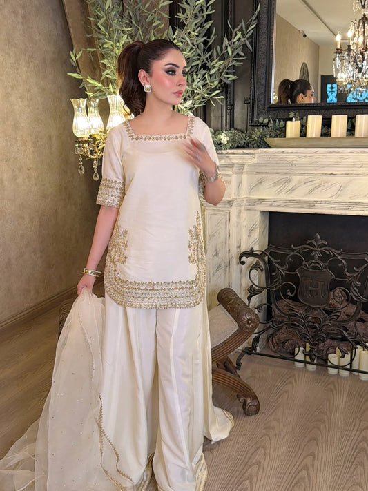 WHITE CHINON KURTA SET WITH BOTTAM & DUPATTA