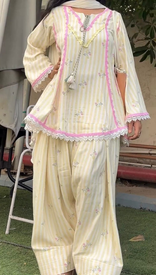 LEMON YELLOW NATURAL CREPE FARSHI PANT SUIT SET