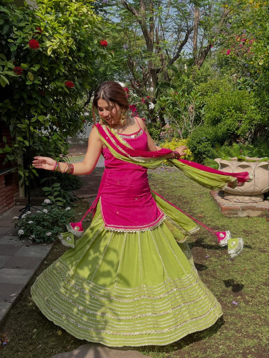 NEHA'S HOT PINK & PARROT GREEN SUIT , SKIRT WITH DUPATTA