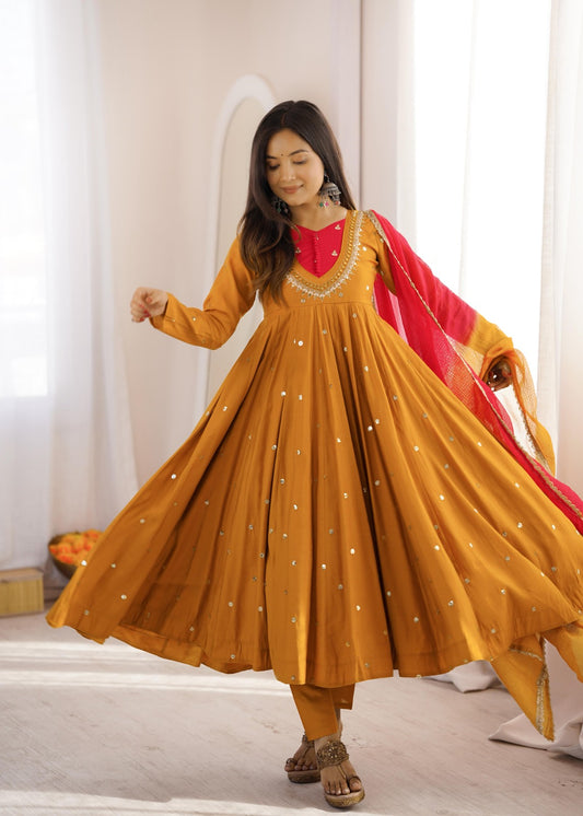 ROMAN SILK ANARKALI GOWN WITH REAL MIRROR WORK AND PINK DUPATTA