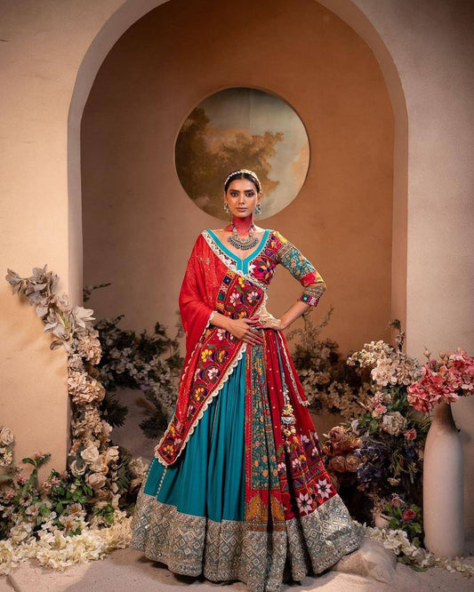 RED & SKY BLUE NAVRATRI LEHENGA CHOLI