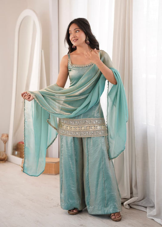 SEA GREEN EMBROIDERED PLAZZO SUIT SET