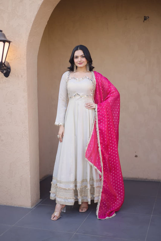 OFF - WHITE COSMOS MIRROR WORK ANARKALI SUIT WITH DUPATTA