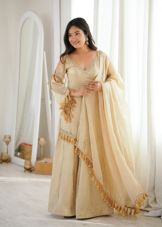 CREAM DOREMON CRUSH TOP , PLAZZO & DUPATTA SET
