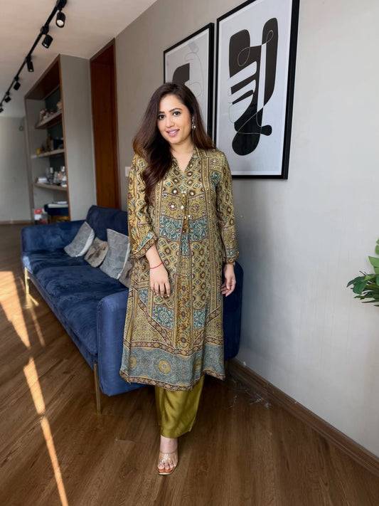 OLIVE GREEN PURE NATURAL CRAPE AJRAKH PRINT CO-ORD SET