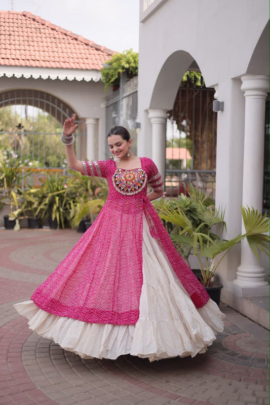 BANDHANI PRINTED KURTI WITH KORA COTTON LEHENGA