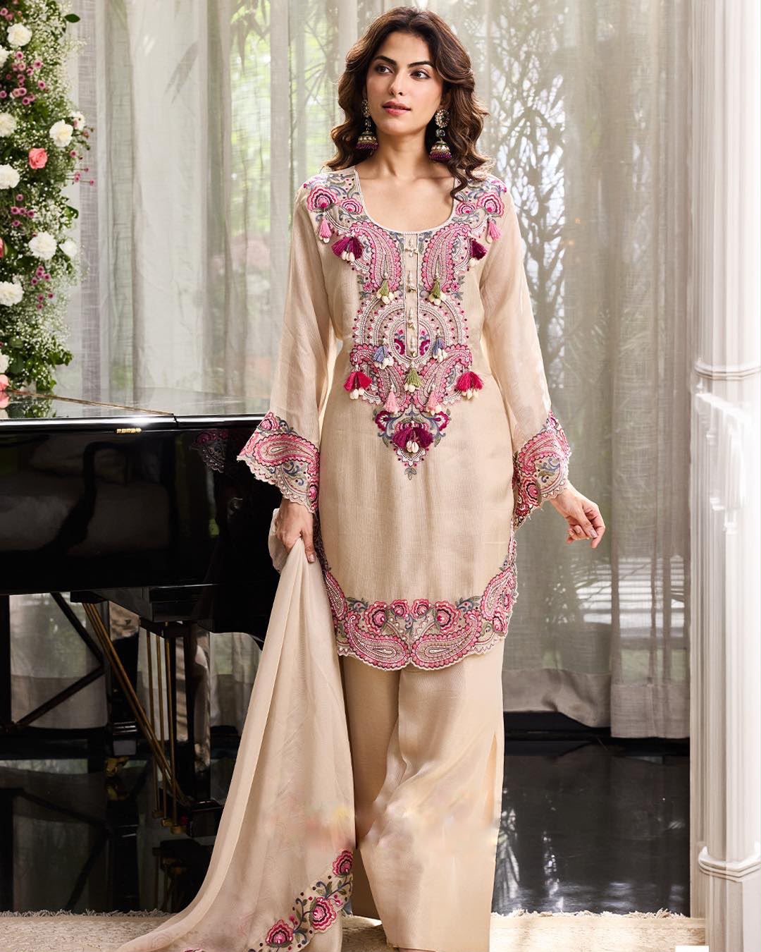 PAKISTHANI STYLE FARSHI SALWAR SUIT SET WITH PINK & PURPLE EMBROIDERY